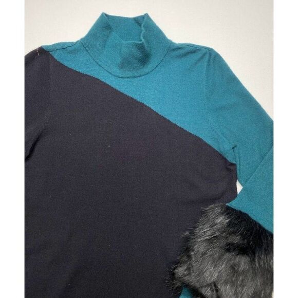 Alfani‎ Turtleneck Sweater Top Small Black Teal Women's Faux-Fur Cuffs NEW - Picture 4 of 6